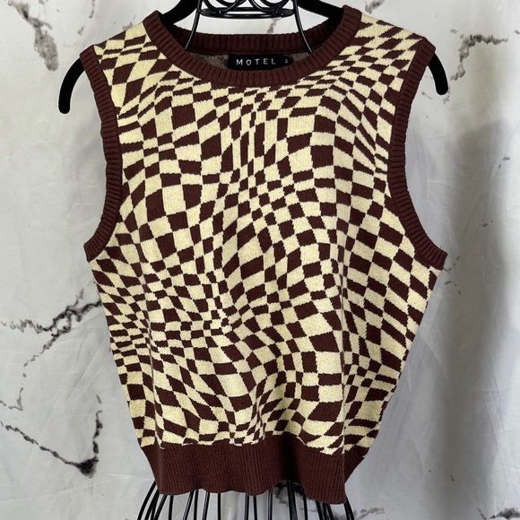 Motel Rocks Sweaters - Motel Rocks Gaira Knit Vest Sweater Brown Cream Square Flag Crewneck Sleeveless